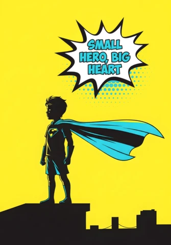 Superhero Brave Child Silhouette with Bold Yellow Sky Poster Design Template