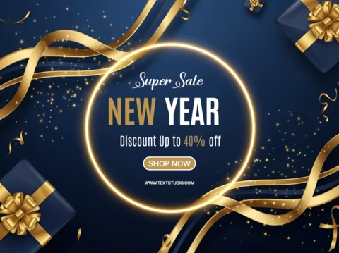 New Year Sale Design Template with Gift Boxes and Gold Ribbons for Promotional Flyers