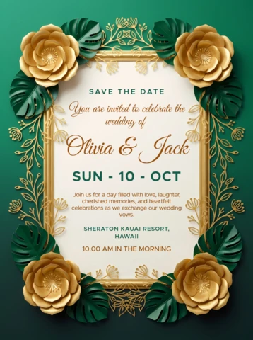 Luxury Green and Gold Wedding Invitation Card Template with Elegant Floral Frame and Tropical Leaves