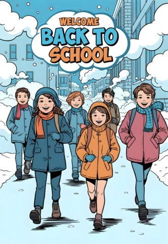 Volta às aulas, estudantes caminhando pela rua da cidade coberta de neve com casacos de inverno e mochilas, modelo de design de pôster.
