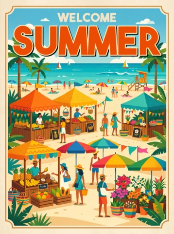 Vintage Summer Holiday Poster with Palm Trees, Market Stalls, Colorful Umbrellas, Sailboats and Nostalgic Tropical Beach Scene