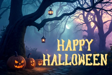 ハロウィンのためのスプーキーなデザインテンプレート、祝祭用のグリーティングカードにパンプキンが描かれています。