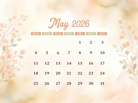 May 2026 Calendar Poster - Soft Watercolor Pastel Background with Floral Branches