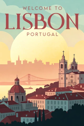 Lisbon Cityscape Vintage Design Template for Travel Posters