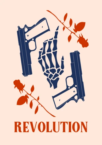 Plantilla de diseño revolucionario de arma y mano esquelética para ropa y mercancía
