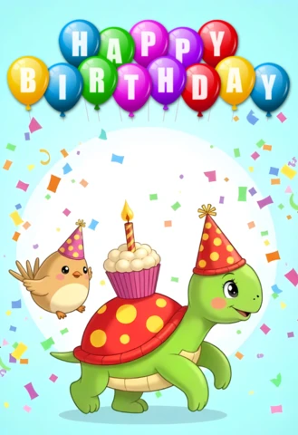 Adorable plantilla de invitación a una fiesta de cumpleaños de animales con globos de colores y confeti