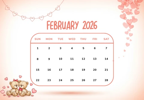 Niedlicher Wandkalender für Februar 2026 mit romantischen Bären und Herzkonfetti für Valentinstagsdekoration