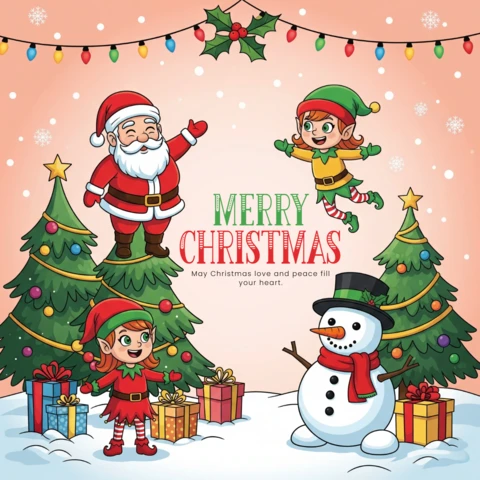 Christmas Greeting Card Santa with Elves and Snowman in Festive Scene with Tree, Gifts, and Peaceful Wishes Poster Design Template