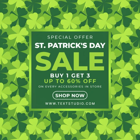 Saint Patrick’s Day Sale Poster Design Template with Shamrocks, Green Background, and Festive Typography