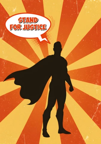 Stand per la giustizia silhouette di supereroe con sfondo a raggi radianti modello di poster