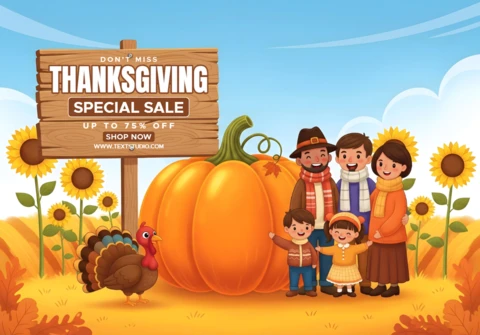 Thanksgiving grote uitverkoop familiebijeenkomst met herfstbladeren & feestelijke kalkoen promotionele verkoopbanner ontwerpsjabloon