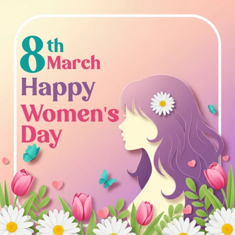 Banner de celebração do Dia da Mulher com perfil feminino, flores, borboletas e tema festivo feminino.