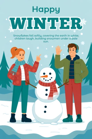 Plantilla de diseño de diversión invernal con niños y un muñeco de nieve para tarjetas de felicitación navideñas.