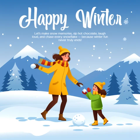 Plantilla de diseño divertida de invierno para tarjetas de felicitación navideñas con paisaje nevado y familia juguetona.