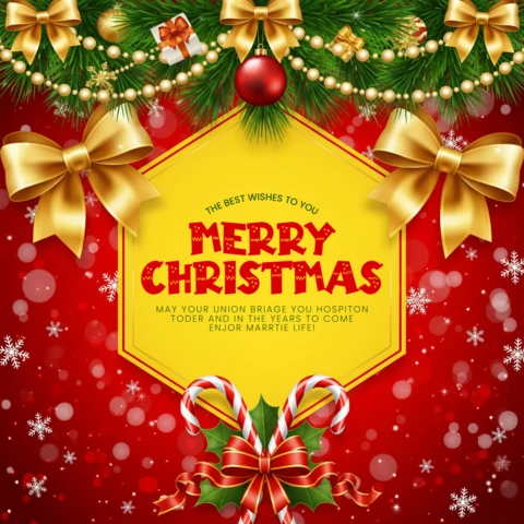 Seasonal Greeting Card Festive Garland with Gift Boxes and Lights Framing Warm Christmas Wishes in Hexagon Frame Design Template