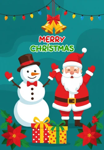 Plantilla de diseño de cartel de tarjeta de Navidad con Santa y un muñeco de nieve rodeados de flores de Nochebuena, regalos y luces festivas.
