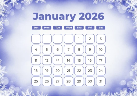 January 2026 Calendar Sparkling Winter Theme with Frost Glow and Elegant Purple Accents