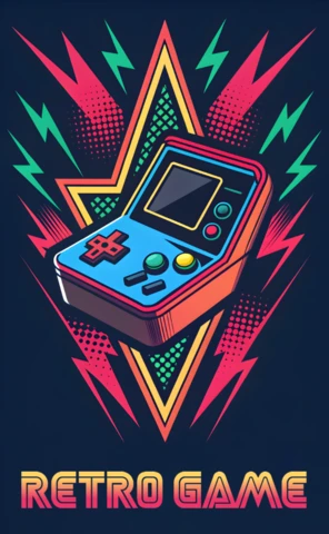 Plantilla de diseño de videojuegos retro para camiseta con gráficos vibrantes de consolas de juegos.