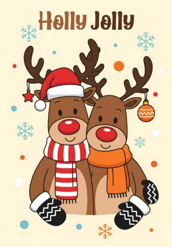 Christmas Greeting Card Two Festive Reindeer with Decorated Antlers and Holly Jolly Message On Snowy Beige