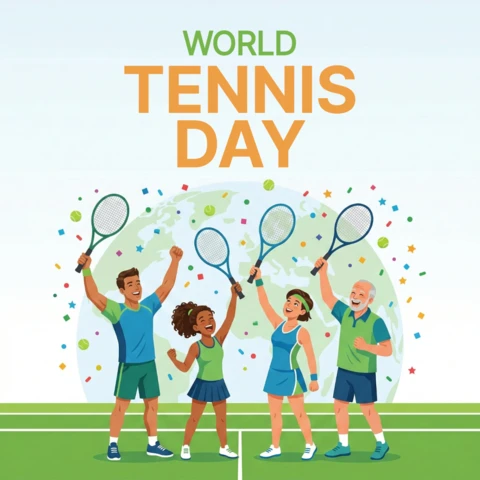 World Tennis Day Decorative Poster with Tennis Rackets, Globe, and Confetti