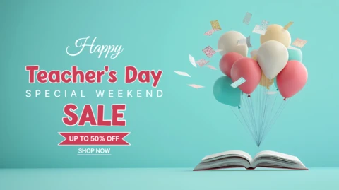 Happy Teacher's Day Sale Design Template with Colorful Balloons and Books