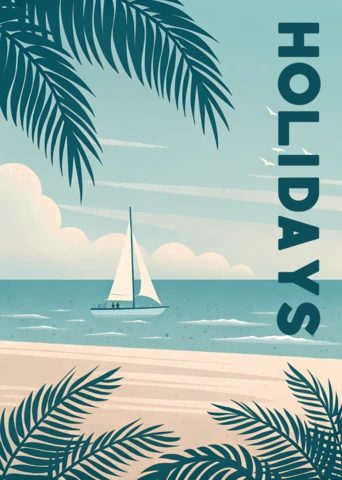 Beach Holidays Design with Sailboat and Tropical Leaves for Retro Flat Poster