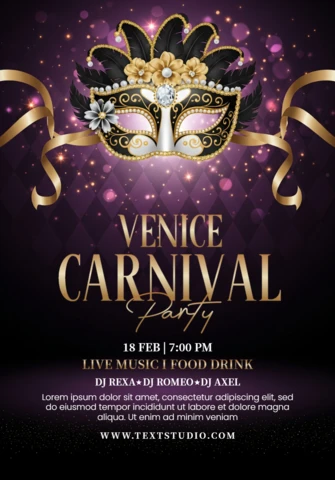 Póster decorativo de fiesta de carnaval de lujo con máscara ornamentada, flores y destellos sobre un fondo dramático para celebración veneciana.