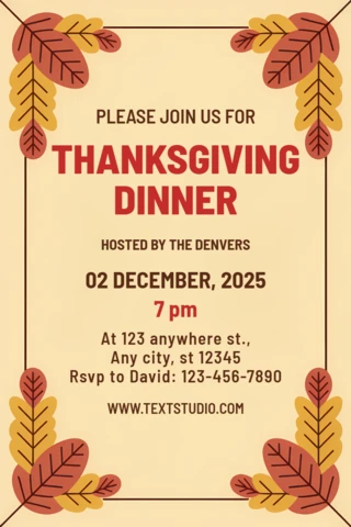 Thanksgiving Dinner Invitation Template with Autumn Leaves Design for Festive Events