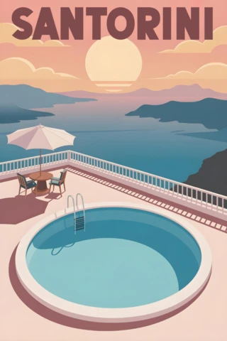 Santorini mimarisi lüks teras, gün batımında Ege Denizi'ne bakıyor, Santorini seyahat posterleri tasarım şablonu.