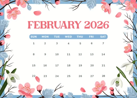 Şubat 2026 için şık çiçeklerle tasarlanmış çiçek takvimi şablonu