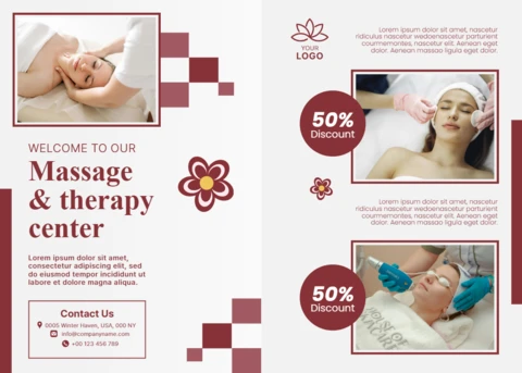 Şık spa terapisi merkezi broşür şablonu, wellness promosyonları için çiçek desenli.