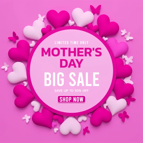 Mother's Day Sale Design Template with Vibrant 3D Heart and Butterfly Graphics