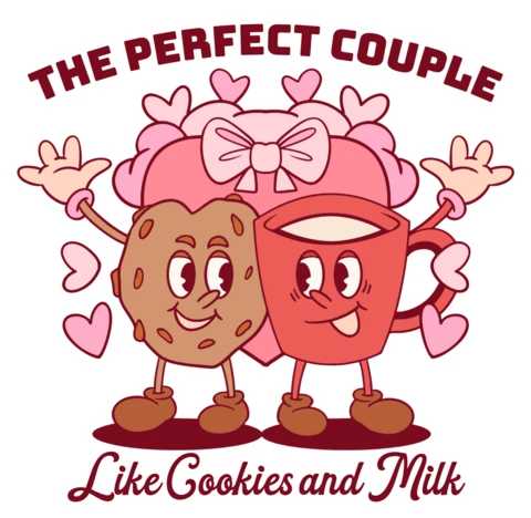 Playful Couple Design Template for T-Shirt Featuring Cookies and Milk Cartoonish Illustration