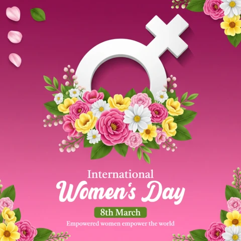 Modello di design per la giornata internazionale della donna con simbolo di genere femminile, decorazioni floreali e sfondo in gradiente rosa.