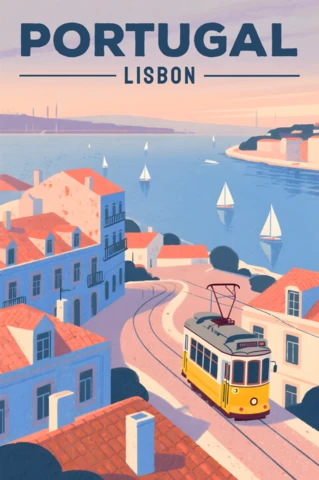 Modèle de conception de tramway vintage de Lisbonne, Portugal, pour des affiches de voyage