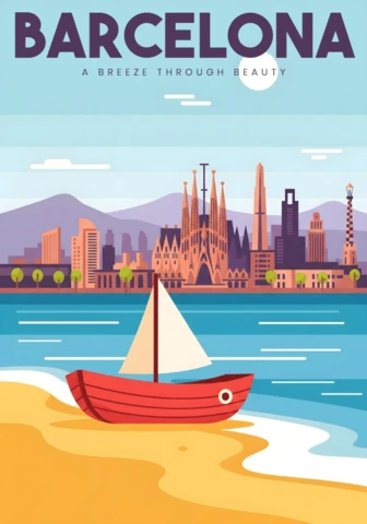 バルセロナのビーチシーン、イラスト化されたウォーターフロントと有名なランドマークの旅行ポスターデザインテンプレート