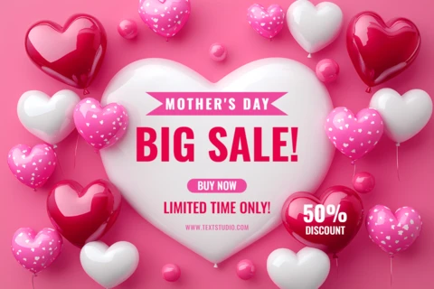 Mother's Day Sale Design with 3D Heart-Shaped Balloons and Festive Elements