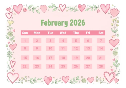 February 2026 Leap Year Calendar Poster Romantic Heart & Floral Design with Sparkling Valentine Glow