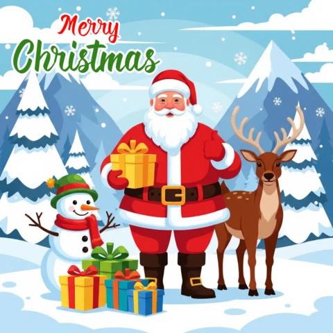 Christmas Card Santa and Forest Friends with Presents in Snowy Landscape and Christmas Cheer Poster Design Template