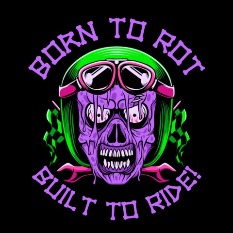 BORN TO ROT Zombie Skull Biker with Dripping Helmet, Checkered Flags & Grunge Attitude T-Shirt Design Template