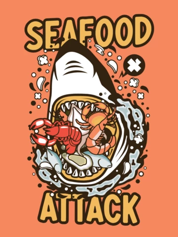 Seafood Attack Cartoon Shark T-Shirt Design Template