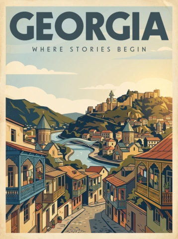 Pôster de viagem retrô vintage da Geórgia onde as histórias começam, cidade cênica de Tbilisi, varandas de madeira, vale do rio, fortaleza, montanhas, impressão de arte em parede.