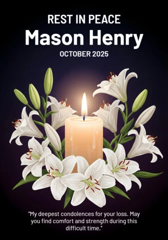Repose en paix affiche funéraire élégante noire avec bougie allumée et design d'accents floraux.