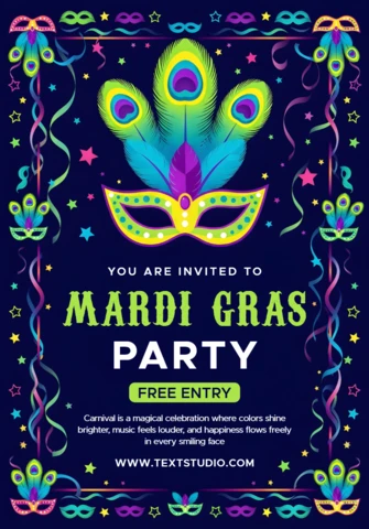 Invitation de fête de mardi gras vibrante avec un design de plumes de paon colorées
