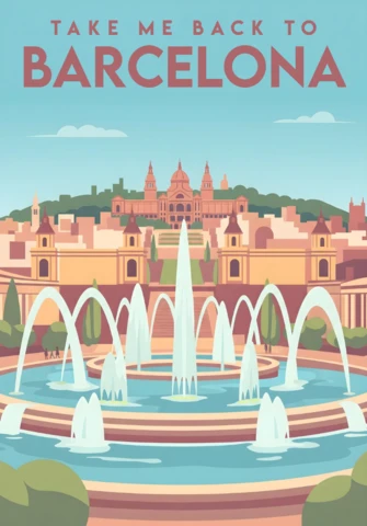 Take Me Back to Barcelona Montjuïc Palace Fountain Scene Illustration for Retro Flat Poster Template