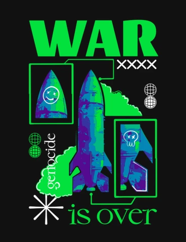 Anti-War Genocide Is Over Statement with Surreal Rocket Imagery T-Shirt Design Template