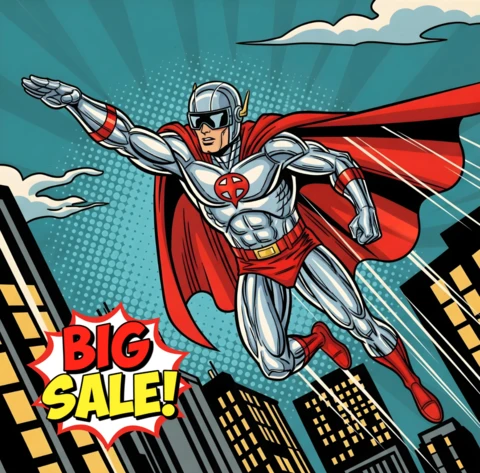 Art de bande dessinée de héros de vol urbain avec un grand modèle de vente en costume argenté et casque ailé pour des brochures promotionnelles.