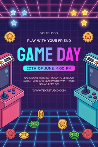 Modèle d'invitation pour une journée de jeux d'arcade rétro avec des éléments de design néon