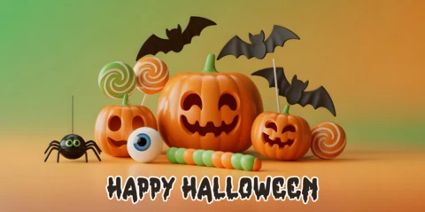 Spooky Halloween Orange-Green Theme with Lollipops & Cartoon Spider YouTube Cover Design Template