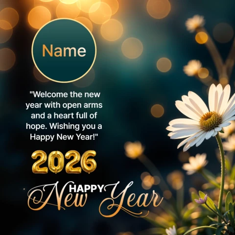 Gepersonaliseerd madeliefje gelukkig nieuwjaar 2026 ontwerpsjabloon